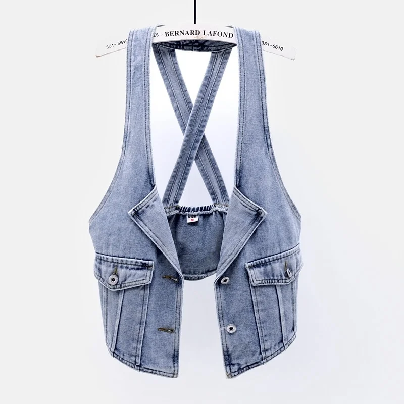 

Spring Summer Sling Big Pocket Denim Vest Women Waistcoat Cowboy Sleeveless Jacket Vintage Blue Slim Short Jeans Vests Female