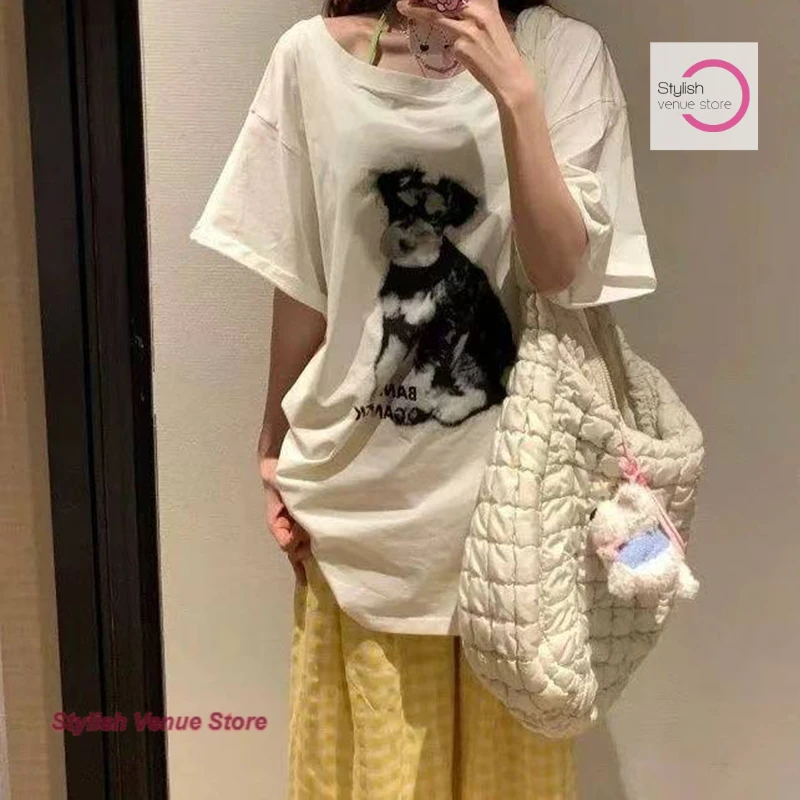 American Spice Girl Puppy Printed Slant Shoulder Short Sleeve T-shirt Women's Summer Loose and Lazy Off-the-Shoulder Joker Top