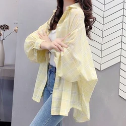 Summer Woman Clothes Chiffon Loose Casual Fashion Bright Plaid Sunscreen Shirt Long Sleeve Korean Style Lively Office Lady Trend