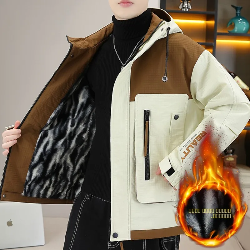 

Thiened Fce Winter Jaet Men's Outdoor Windproof Trousers Zipper Closure Long Sve Regular Fit Youth Faion Workwear