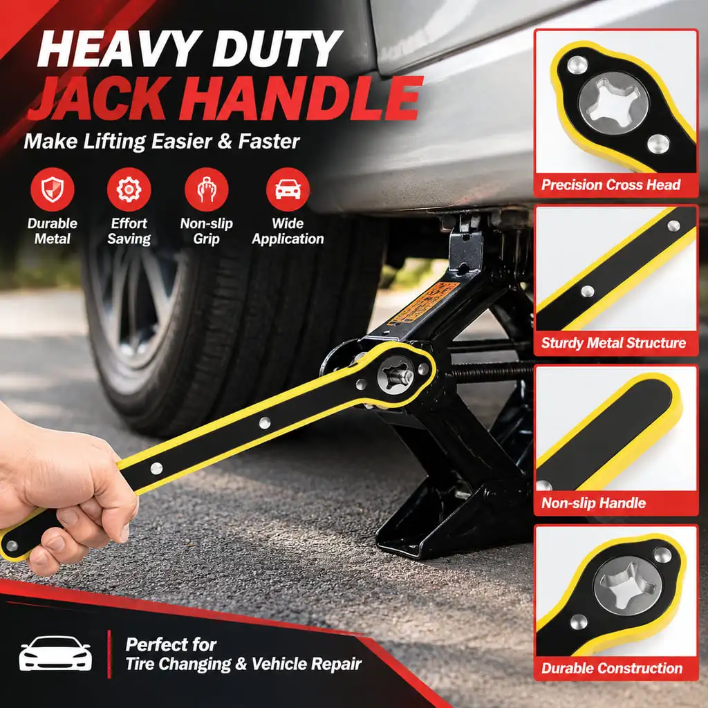 Llave de manija para gato de coche tipo cruzado PINMOAP con palanca larga, empuñadura antideslizante negra y amarilla para coches, SUVs y MPVs, herramienta para cambio de neumáticos.