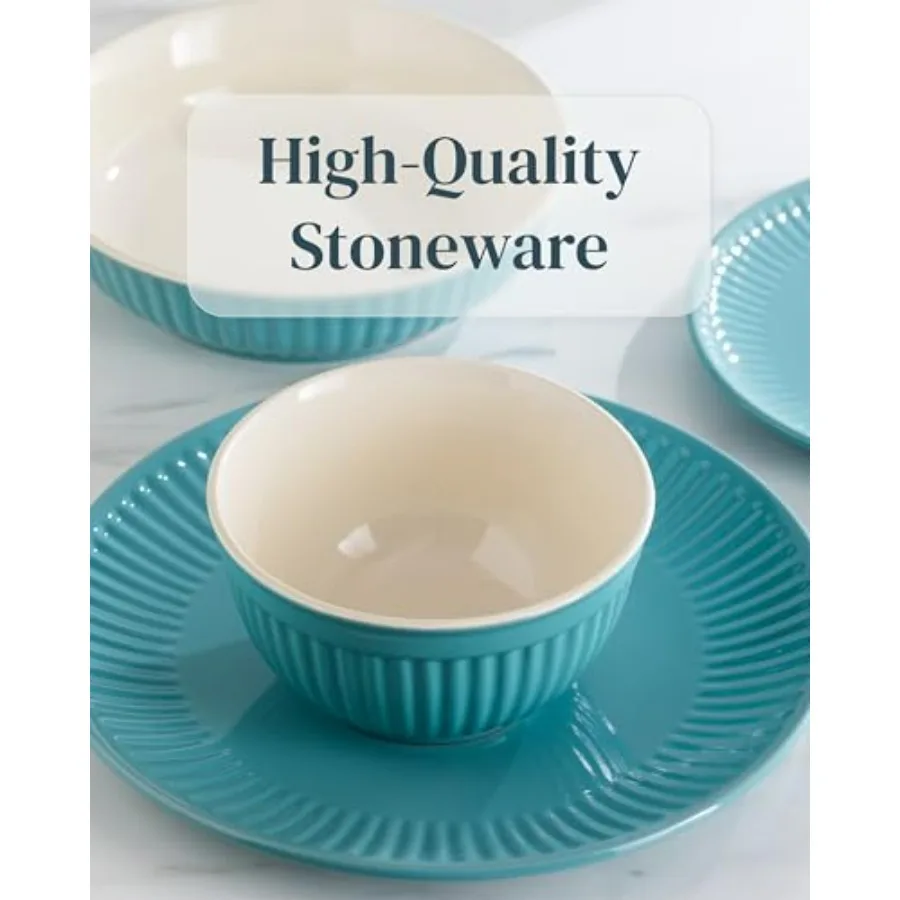 Stoneware Dinnerware Set for 8 People in Green with Ribbed Design - Premium Scandi Style Tableware Set - 32-Piece Elegant HYGGE