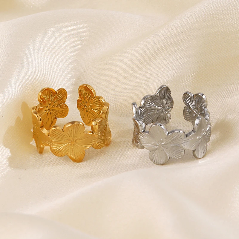 Women's 18K Gold PVD Plated Flower Adjustable Opening Ring