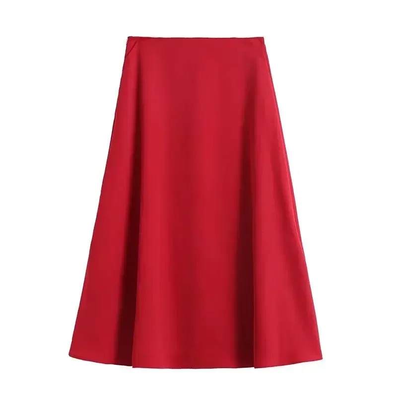 Women's 2023 Fashion Chic Temperament Joker Satin Texture Midi Skirt Retro High Waist Zipper Female Skirt Mujer