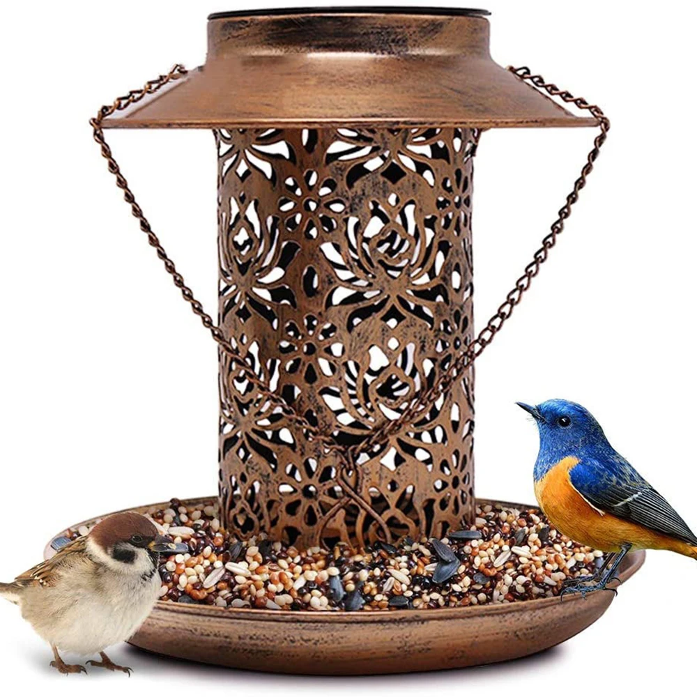Outdoor Solar Bird Feeder Metal Hanging Feeder with LED Light for Garden Wildlife Feeding