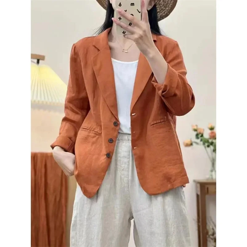 سترة نسائية للخريف بلون سادة أنيقة OL للعمل بأكمام طويلة ورقبة على شكل طية صدر السترة ملابس خارجية من القطن سترات فضفاضة #3