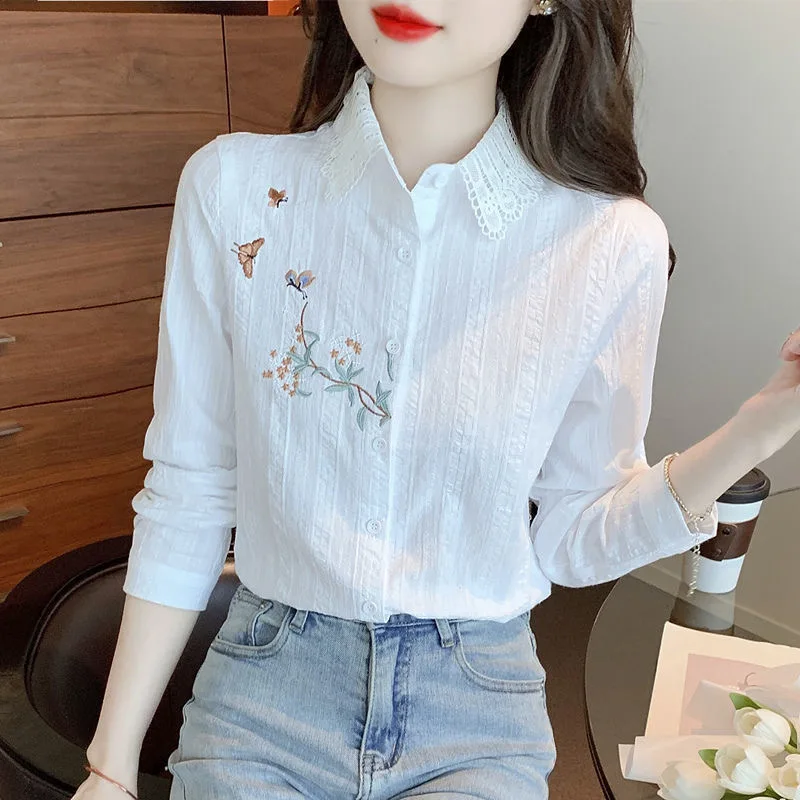 Embroidery Women Spring Autumn Blouses Shirts Lady Casual Long Sleeve Turn-down Collar Solid Color Blusas Tops DF4775