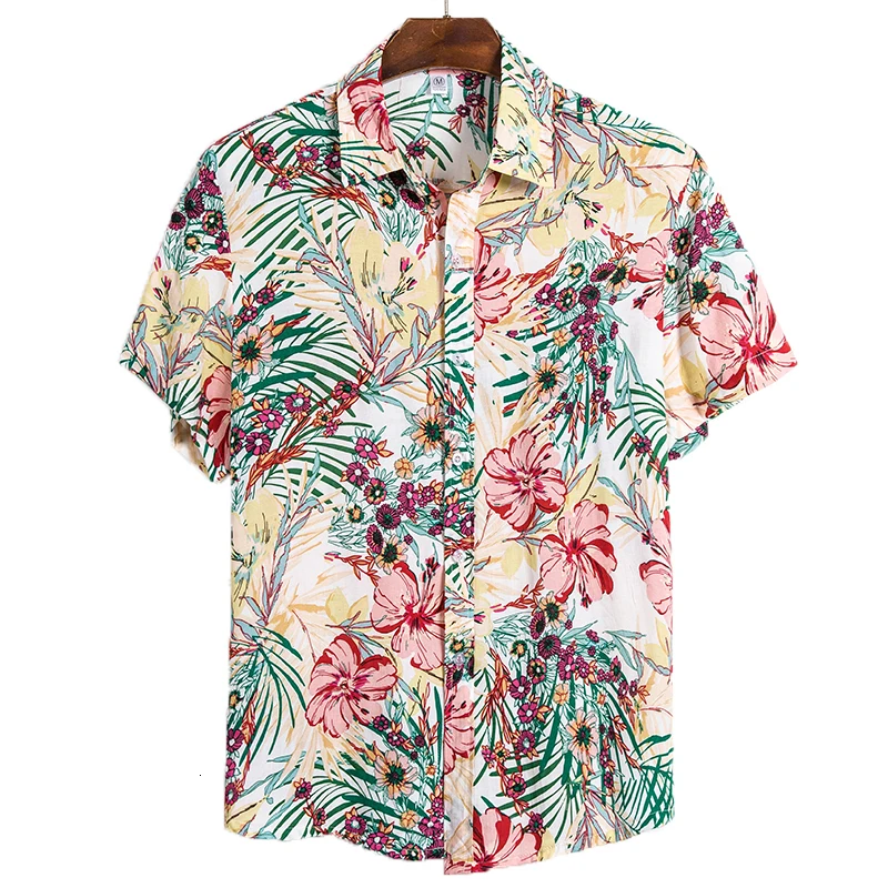 Hawaiian Tropical Floral Flamingo Print Men\'s and Women\'s Short Sleeve Shirts Seaside Lapel Button-Down Shirt Tops