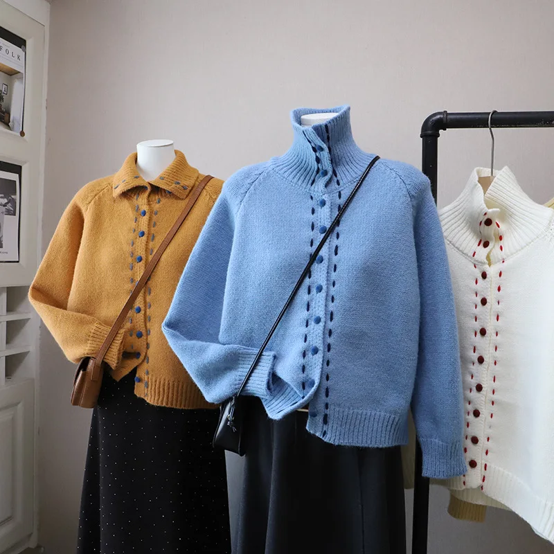 

Свободные кардиганы контрастного цвета в корейском стиле, женские мягкие свитера с воротником с лацканами в стиле ретро, осенние универсальные повседневные вязаные топы