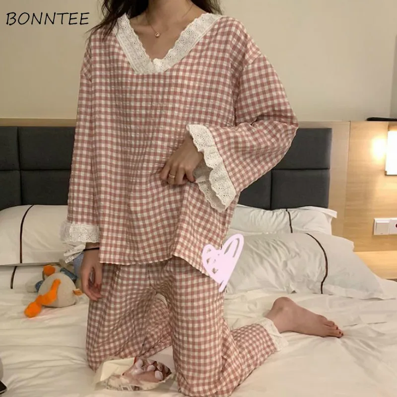 

Pajama Sets Women Plaid V-Neck Long Sleeve Simple Hot Sale Sweet 2 Piece Japanese Style Female Sleepwear Casual Ins Popular New