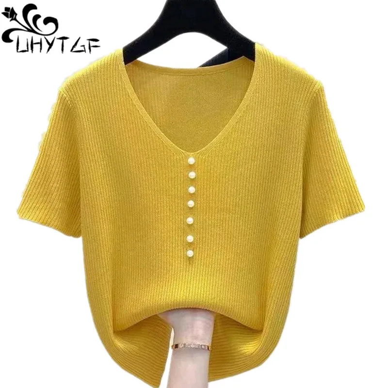 UHYTGF 2022 Summer T-Shirt Women's Fashion Beaded V-Neck Knitted Female Thin Top Short-Sleeved Ice Silk 4XL Big Size T-Shirt 25