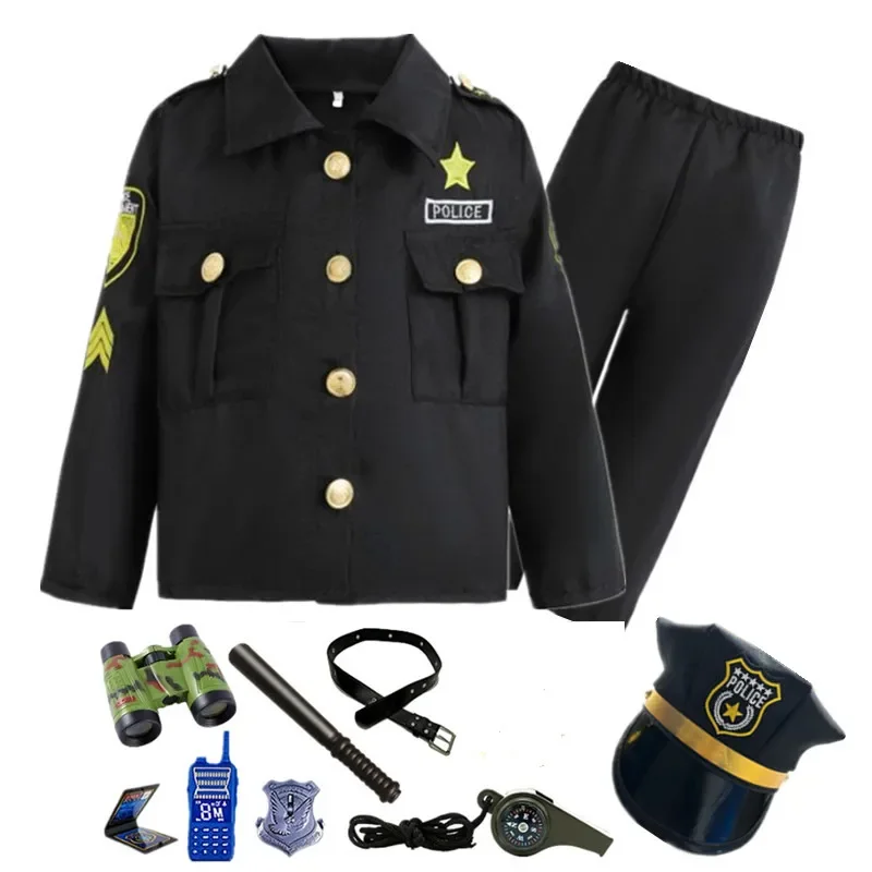 Novo traje de polícia para crianças jaqueta bordada e conjunto walkie talkie festa de halloween vestir-se com telescópio