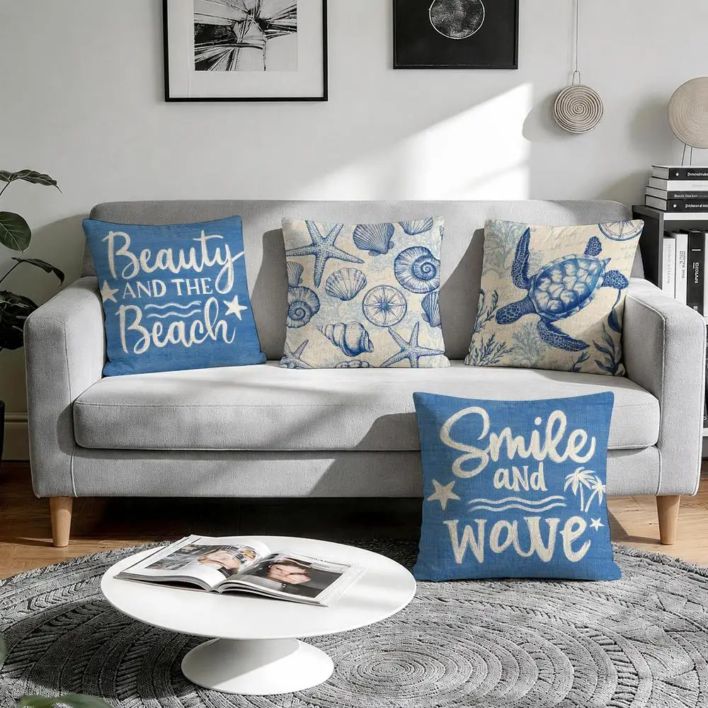 Blue Retro marine life Cushion Cover Natural Breathable Durable Linen Printed Decor Pillow Case Sofa Bedroom