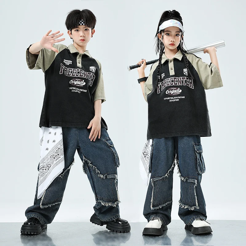 子供のためのヒップホップスタイルの服,ストリートダンスTシャツ,デニムパンツ,ジャズジョギング,子供のためのジャズコスチューム,10代のための服のセット