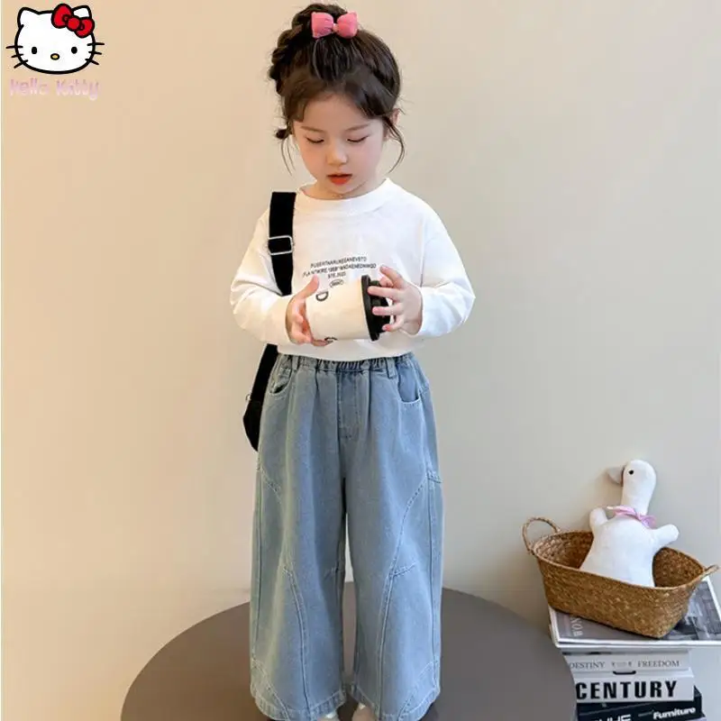 

Hello Kitty Girls Cartoon Jeans Kawaii Autumn New Anime Children's Clothing Loose Straight Trousers Sanrio Fashion Wide Leg Pant