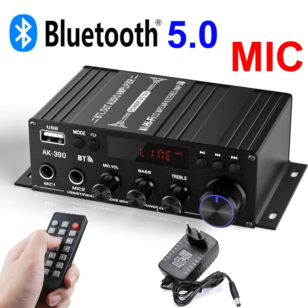 مضخم صوت بلوتوث مضخم طاقة منزلي MIC مضخمات صوت قناة صوت 2.0 HIFI مشغل ستيريو رقمي لنظام المسرح المنزلي 390