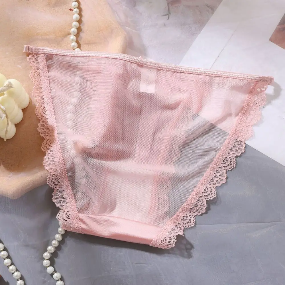 

Comfortable Low Waist Lace Panties Transparent Lingerie Mesh Briefs Satin Silk Bow Lace Thin Underwear Girl