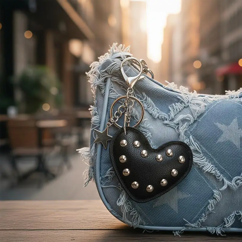1 PCS Punk Goth Heart For Bag Bag Charm Keychain With Rivet Ring Lock Bag Charm For Daily Wear