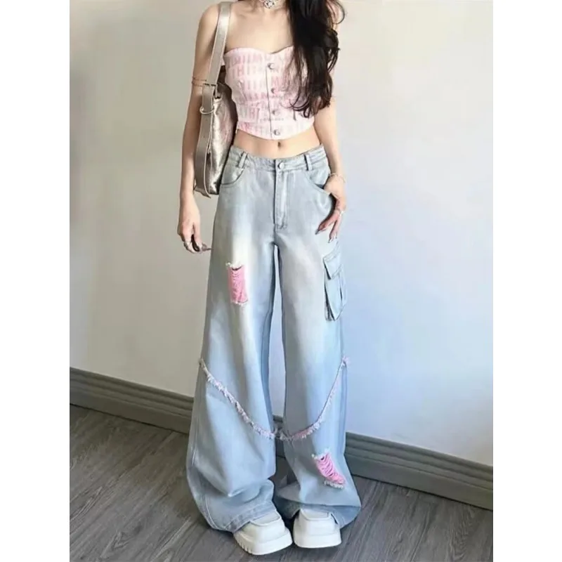 American High Street Ripped Work Jeans Retro High Waist Loose Straight Wide Leg Trousers