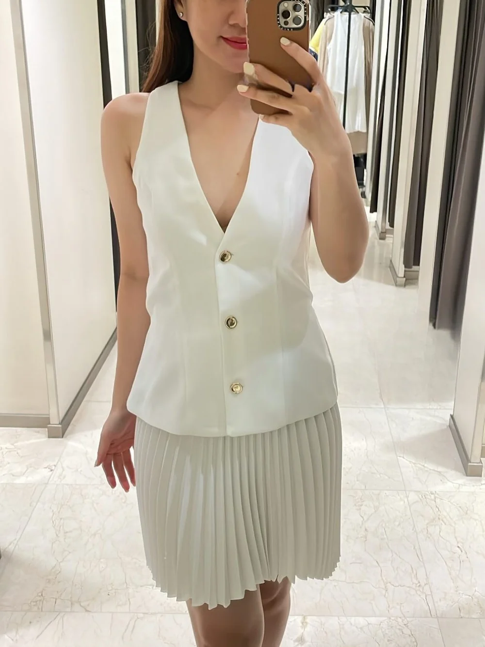 

Ladies new commuter style slim sleeveless stitching single-breasted V-neck pleated mini dress party female summer dress