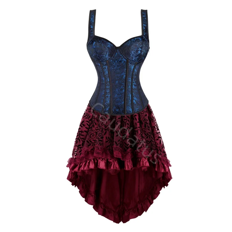 

Corset Dress Women Skrit Set Shoulder Strap Lace Costume Party Sexy Burlesque Halloween Basques Outfit Plus Size Red Blue