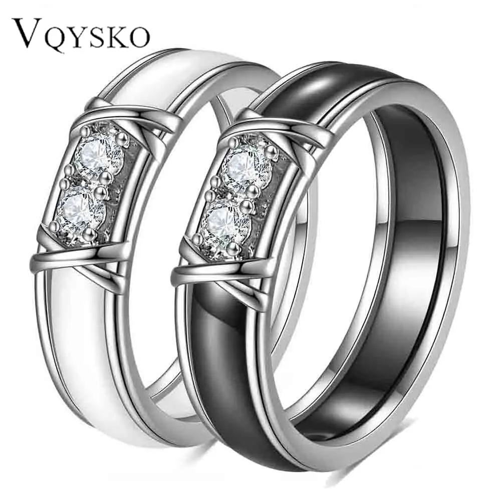 New 5MM Fashion Ceramic Double X Rings for Women Micro Inlaid 2 Zircon Stainless Steel Waterproof Ring Jewelry Accessories ﻿