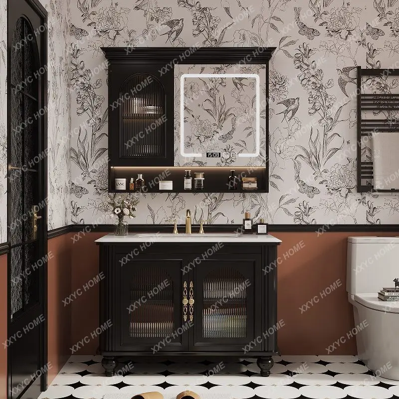 

L solid wood bathroom cabinet toilet washstand floor type light luxury washbasin cabinet mirror cabinet