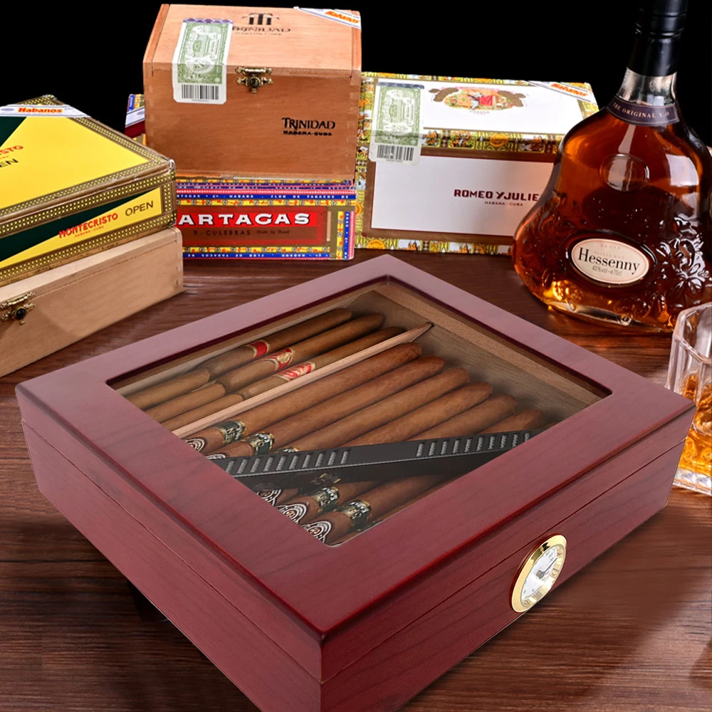 Cigar Humidor, Glass Top Cigar Box with Hygrometer Humidifier and Divider, Desktop Cedar Wood Storage Case Holds 15-20 Cigars