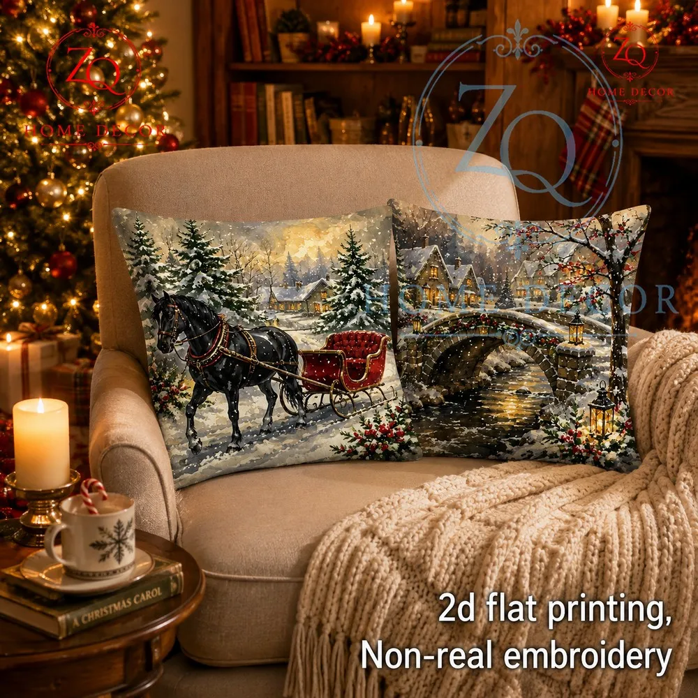 English snow village stone bridge stream pillowcase with wintery lscape print adds a touch  Christmas romance to your home.