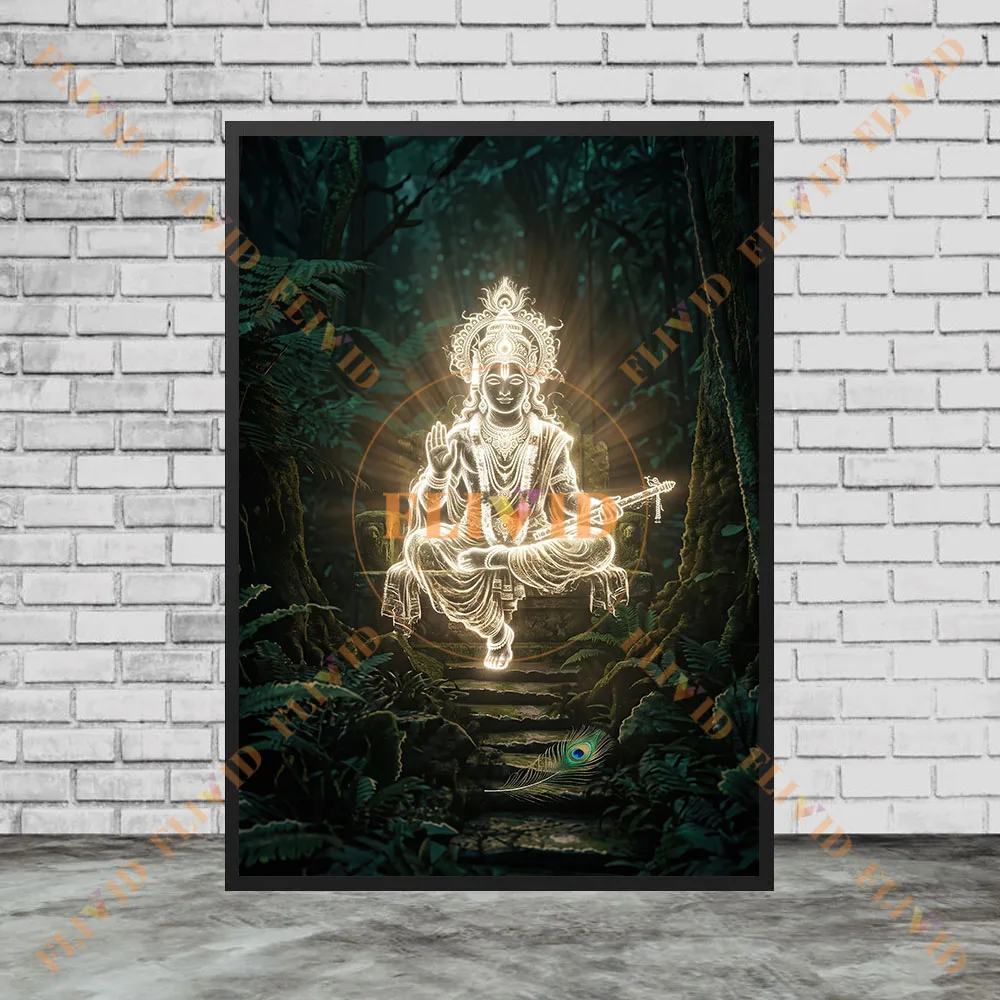Dark Forest Glowing Silhouette Wall Art, Lord Krishna Playing Flute Canvas Poster, Indian Hindu God Spiritual Painting Decor