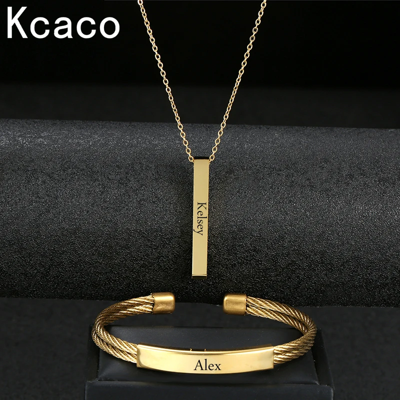 Engrave Name Date Bracelet Bar Necklace Set Stainless Steel Gold Color Custom Open Bangle Adjustable Size Lovers Jewelry Gift