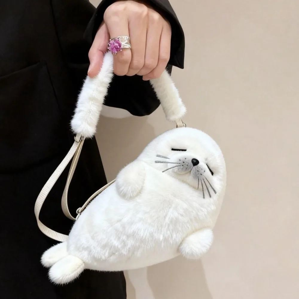 Soft Fluffy Cute Seal Shoulder Bag Cartoon Lightweight Crossbody Bag Plush Fabric Adjustable Straps Handbag Women's Accessories