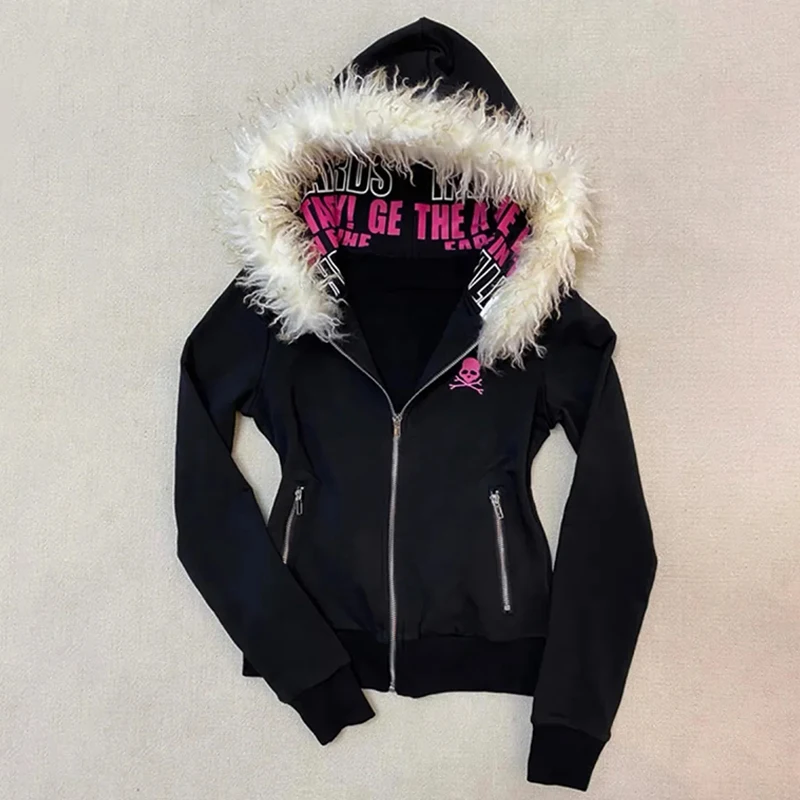 고스 하이 스트리트 Y2K 블랙 퍼 칼라 지퍼 스웨트셔츠 후디 여성 스웨트셔츠 하라주쿠 레터 프린트 슬림 코트 겨울 옷