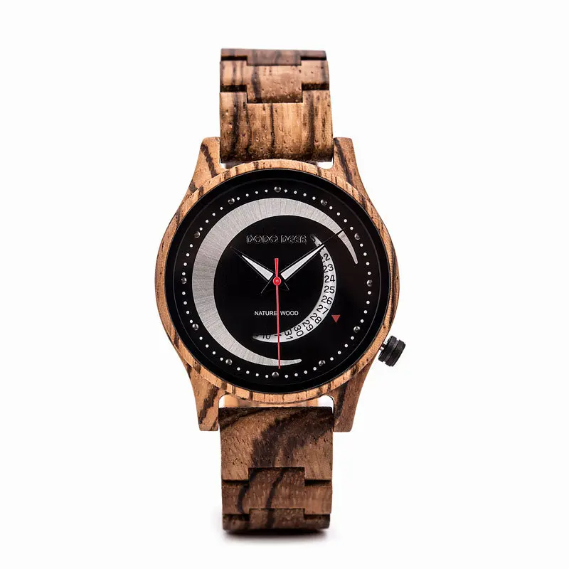 Hot Sale Minimalist Calendar Wooden Wristwatch for Men with Quartz Analog Round Pin Buckle Watch
