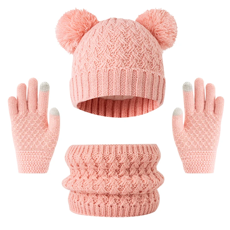 3pc3-12Y قبعة أطفال، طقم وشاح وقفازات، قبعة شتوية سميكة للأطفال مع قبعة محبوكة بنمط ندفة الثلج