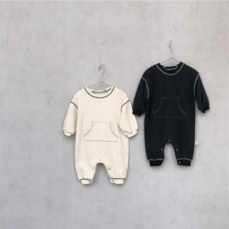 2026 Spring New Baby Long Sleeve Pocket Romper Solid Infant Boy Girl Cotton Casual Jumpsuit Loose Newborn Toddler Clothes 0-24M