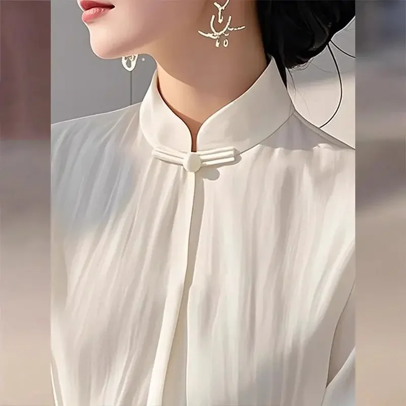 

Женский весенний новый модный костюм Тан в молодом стиле, новая белая рубашка с воротником-стойкой в китайском стиле