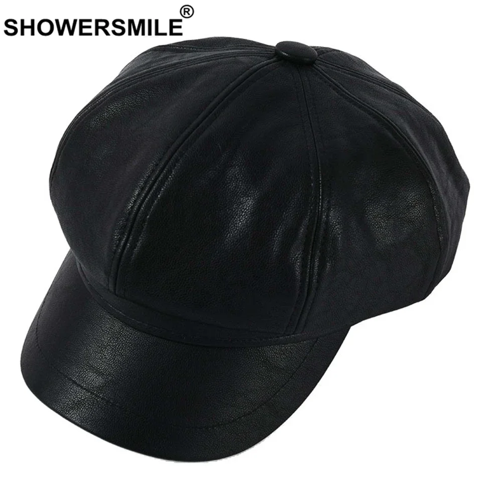 

SHOWERSMILE Black Pu Leather Newsboy Cap Autumn Winter New Design Vintage Hat for Women Solid Beret Ladies Brand Newsboy Hat