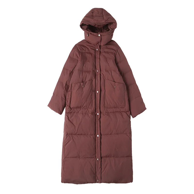 Women's Winter New Loose Fit Long Hooded 90 White Duck down Jacket Style Windproof Warm Outerwear Comfortable Casual Style