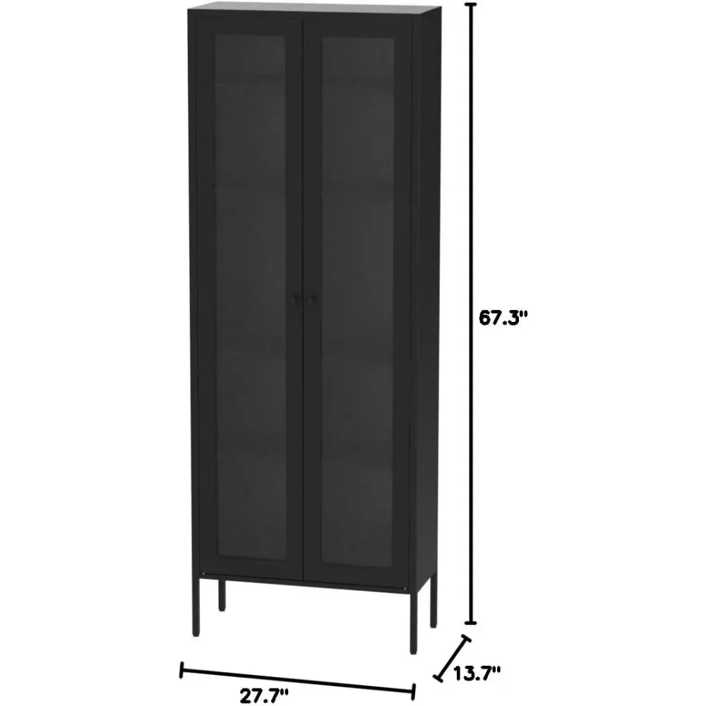 XMSJ Storage Cabinet,Black Display Curio Glass Storage Cabinet with Glass Doors and 4 Shelves, Tall Bookcase Modern Bookshelf