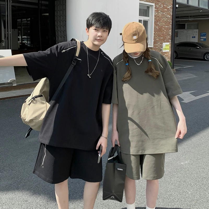 

Couple's Summer Spor Loose Fit ort Sve T-irt Set Zipper Design Casual Cotton Blend High Collar Teen Faion Trend