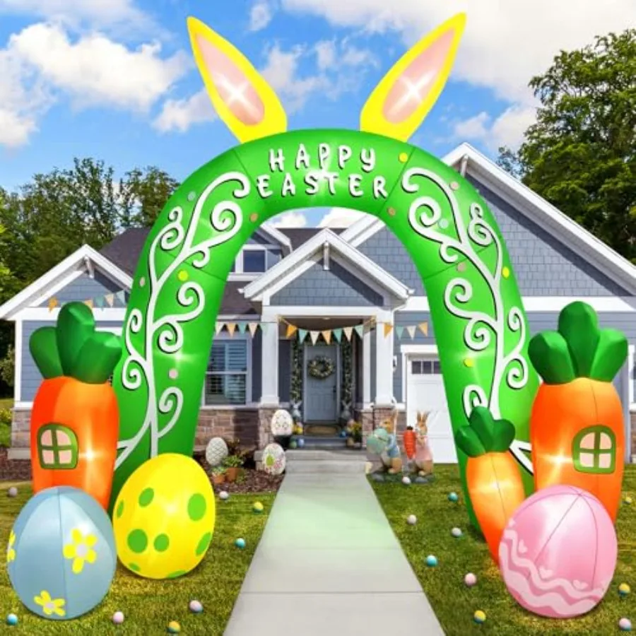 

Outdoor Easter arch inflatable for yard and garden decor: 12FT bunny rabbit with eggs, white fabric, built-in LED lights, weath