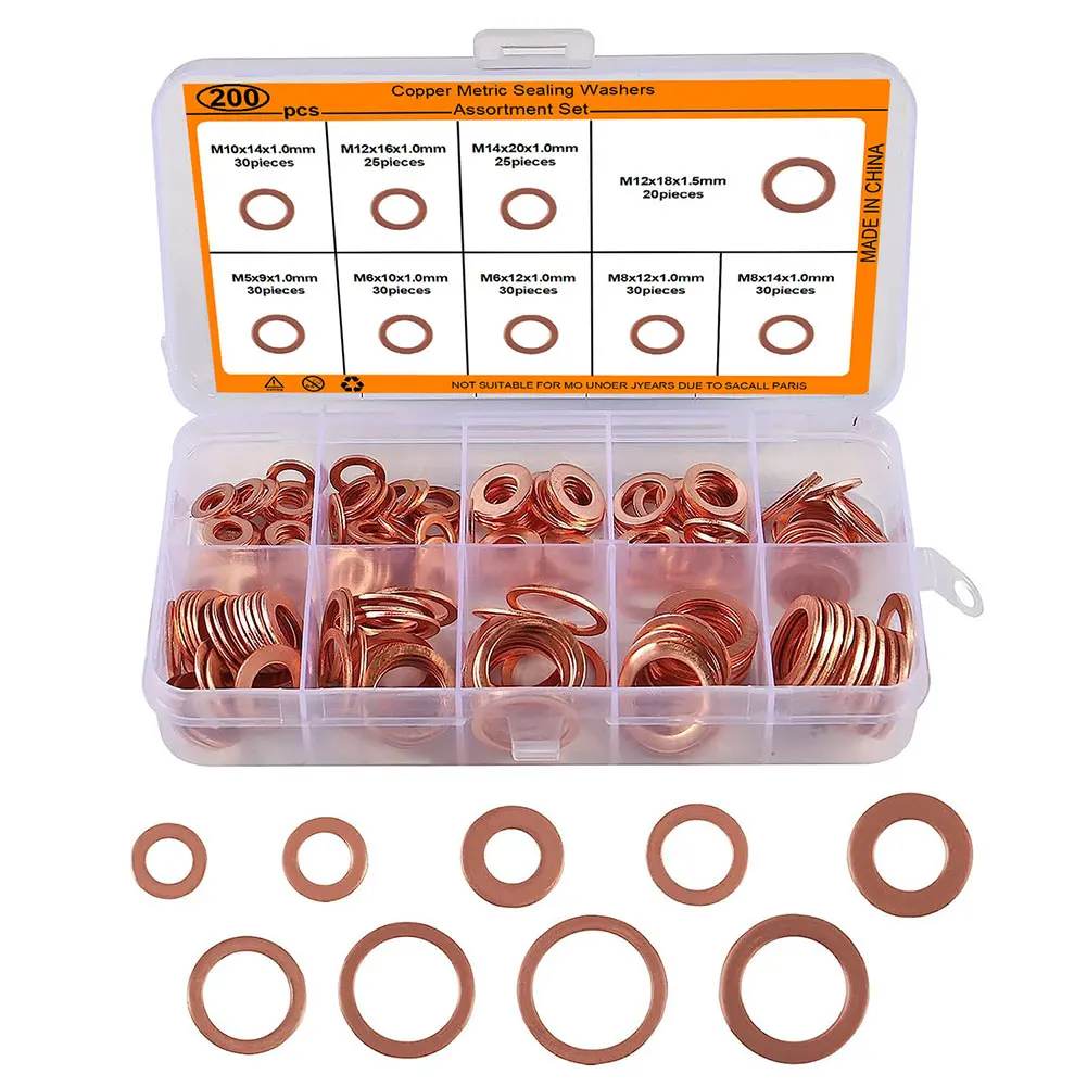 200Pcs Solid Pure Copper Washers M5 M6 M8 M10 M12 M14 Copper Washer Gasket Nut and Bolt Set Metric Sealing Washer Assortment Set