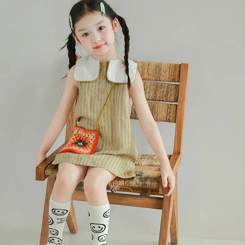 

Baby Girl Dress Girls Lapel Striped Sleeveless Dress 2024 Summer Explosive New Fashion Dresses Baby Fashion Comfort Girls