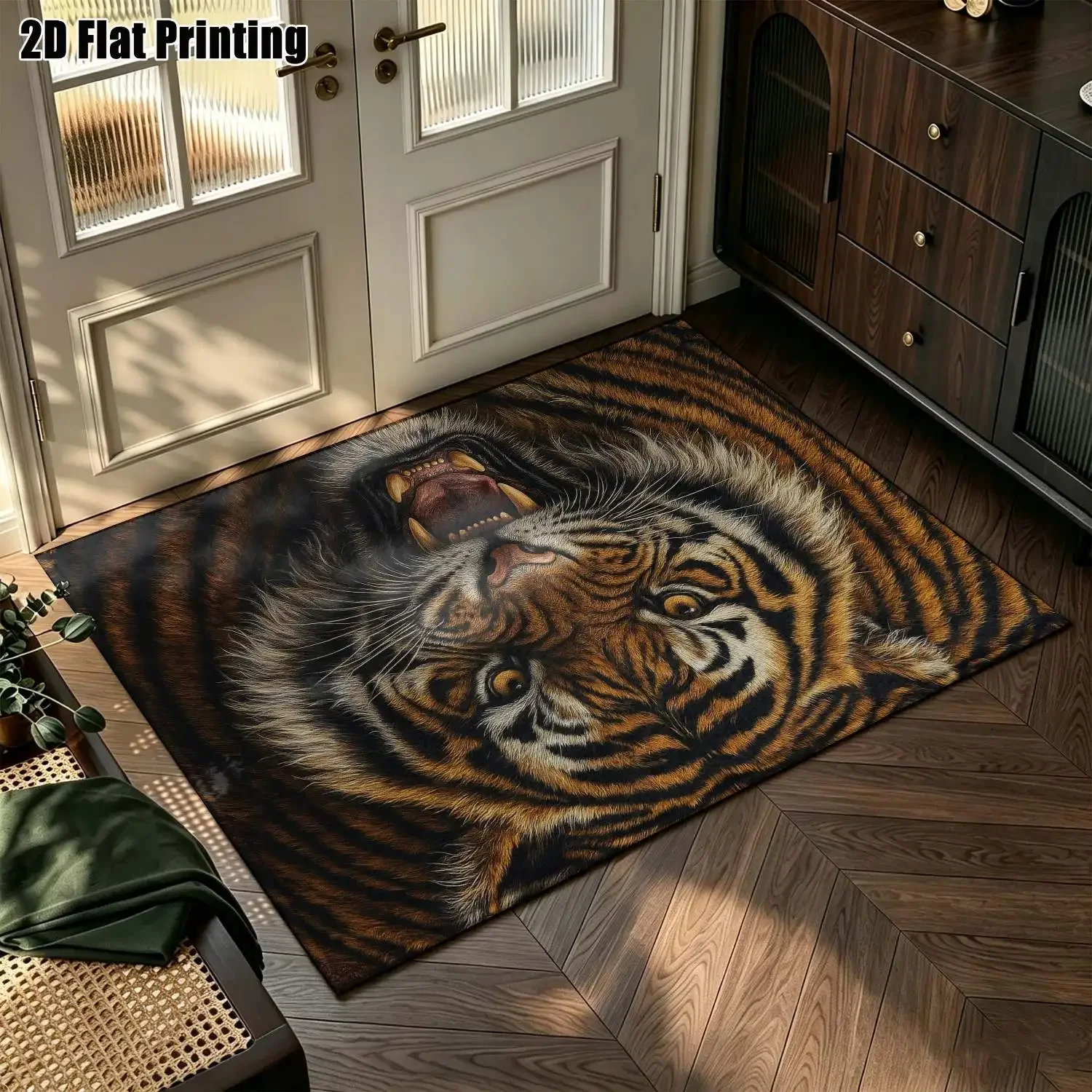 1Pc 2D Printed Brown Yellow Tiger Pattern Carpet: Vintage European Bohemian Geometric Striped Rug, Machine Washable, Multi-Size,