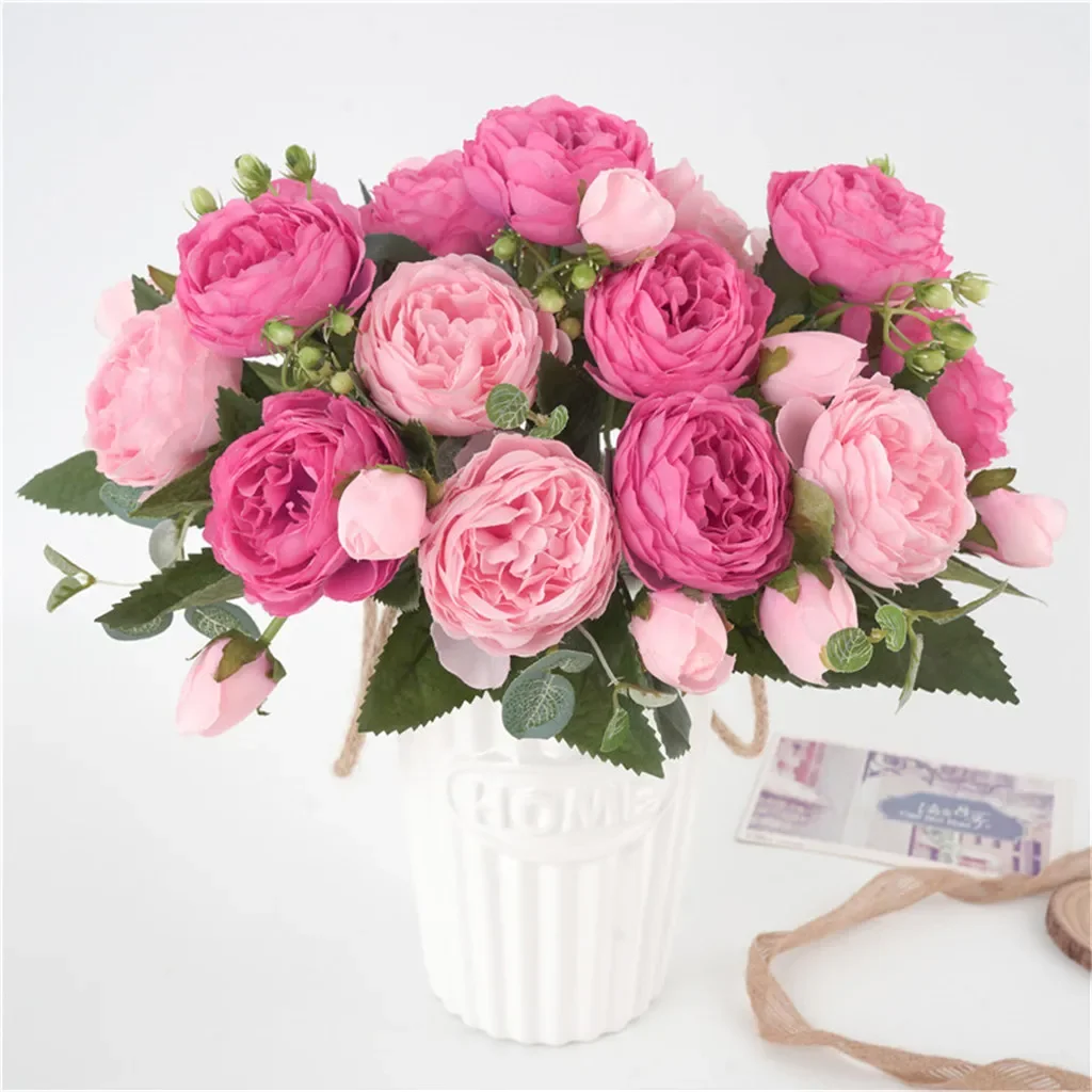 30cm Rose Pink Silk Peony Artificial Flowers Bouquet 5 Big Head and 4 Bud Cheap Fake Flowers for Home Wedding Decoration indoor