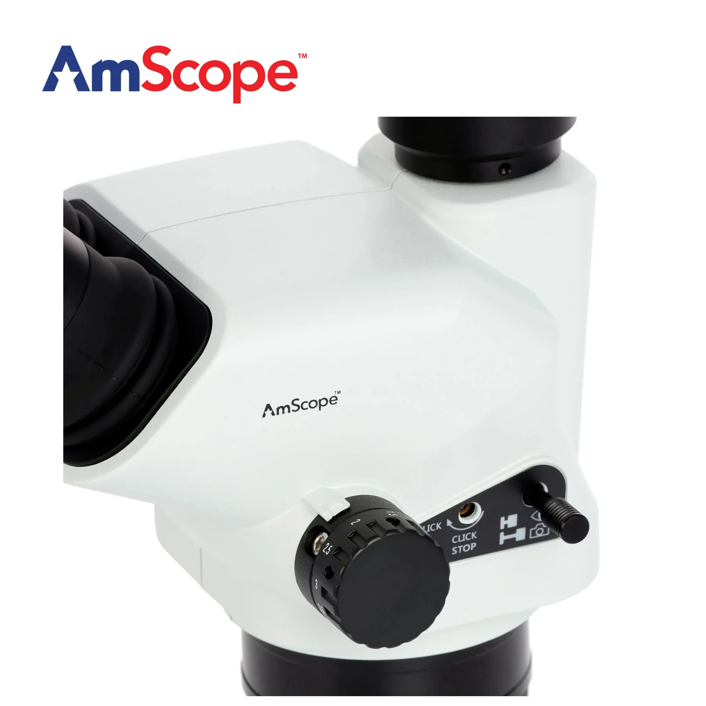AmScope SZN Series Trinocular Zoom Stereo Microscope Head w/ Shutter Pin, Magnification Lock, & Click Stop Adjustmen