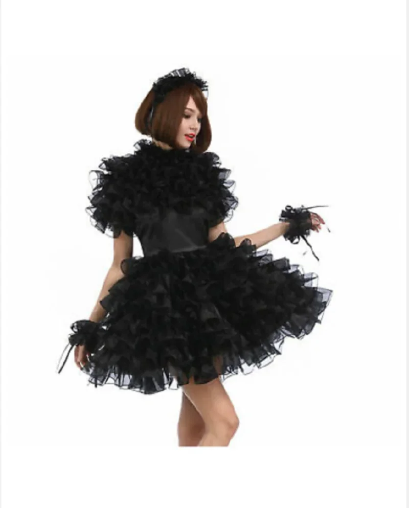 New Cosplay Sissy Black Satin Stiff Yarn Fluffy Dress Girls Maid Costume Holiday Limited Edition