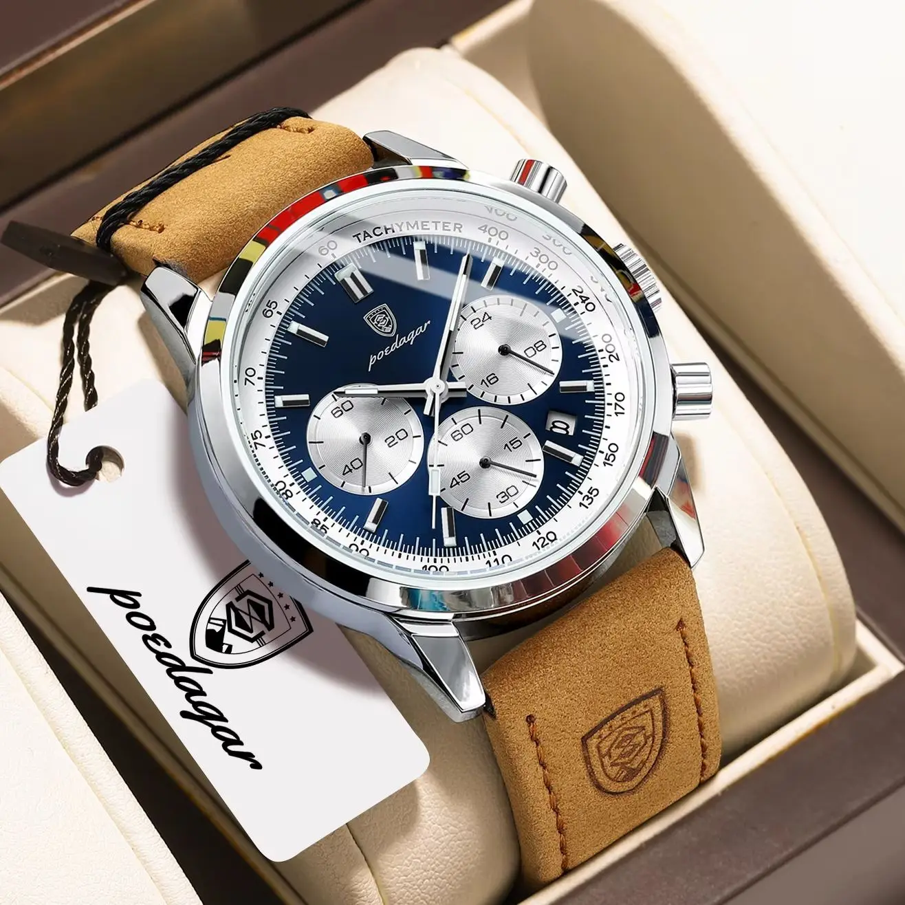 POEDAGAR Top Original Herren-Armbanduhr Wasserdicht Leuchtend Chronograph Modische Herrenuhr Leder Quarz Sportuhr Herrenuhren Reloj