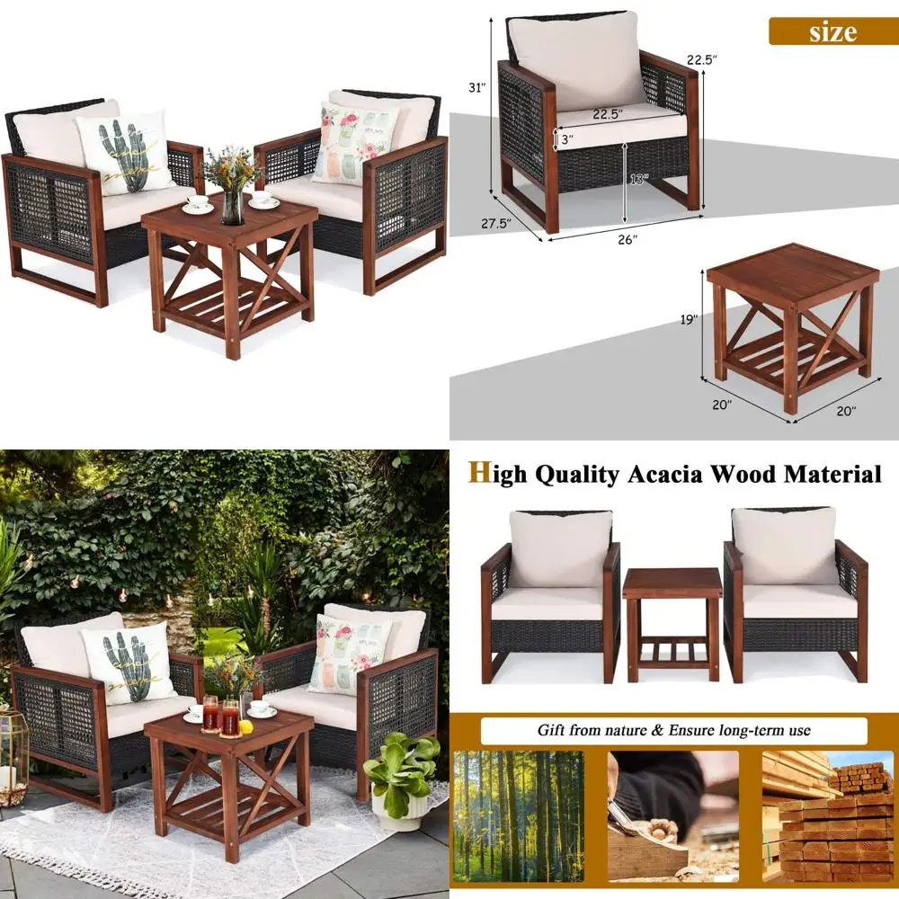 

3-Piece Outdoor Wicker Furniture Set with Washable Cushions and Acacia Wood Coffee Table for Conversation Area